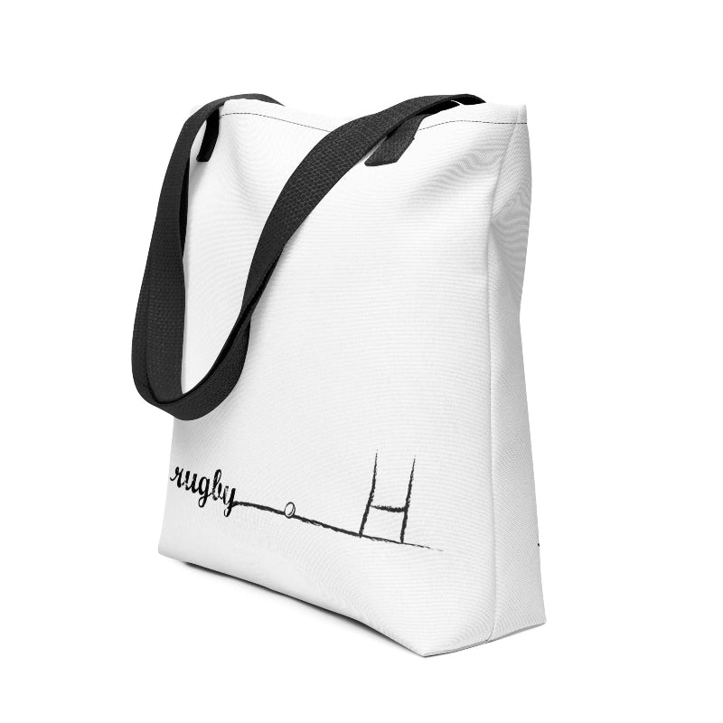 White canvas tote bag with black rugby goalpost line art and black shoulder straps, women's rugby apparel accessory. - Rugby Girl