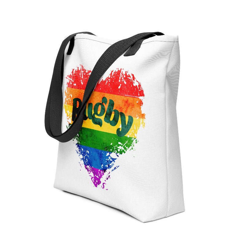 White tote bag with rainbow heart and "Rugby" text, women's rugby gift, casual rugby apparel accessory. - Rugby Girl