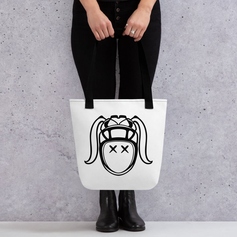 White tote bag with black rugby girl face design, black handles, stylish rugby gift for women's rugby apparel fans. - Rugby Girl