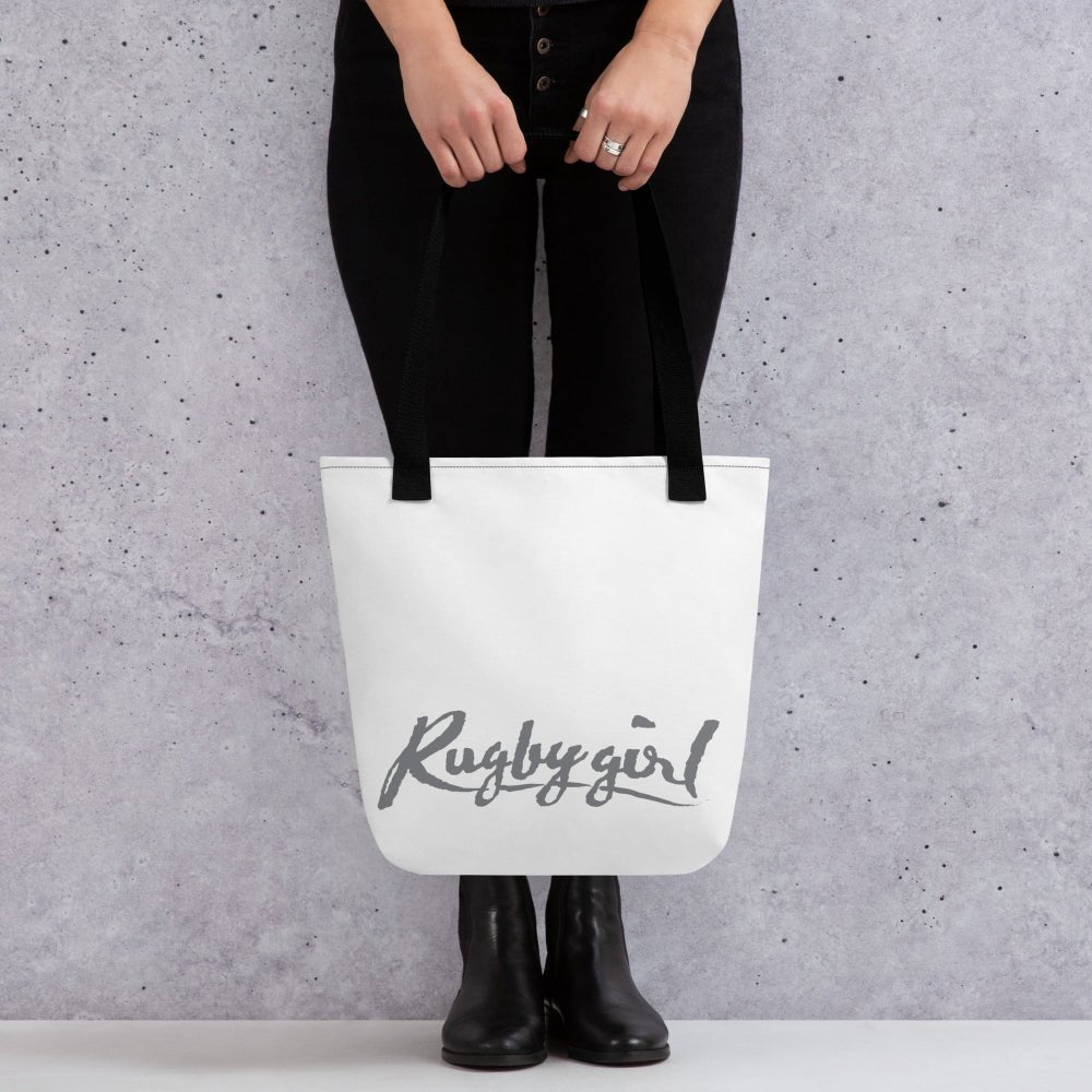 Grey canvas tote bag with black handles and bold "Rugby girl" script, ideal rugby gift. - Rugby Girl