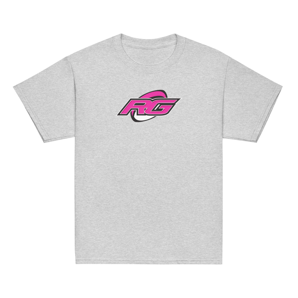 Grey youth rugby t-shirt with bold pink RG logo, perfect women's rugby apparel and rugby gift. - Rugby Girl