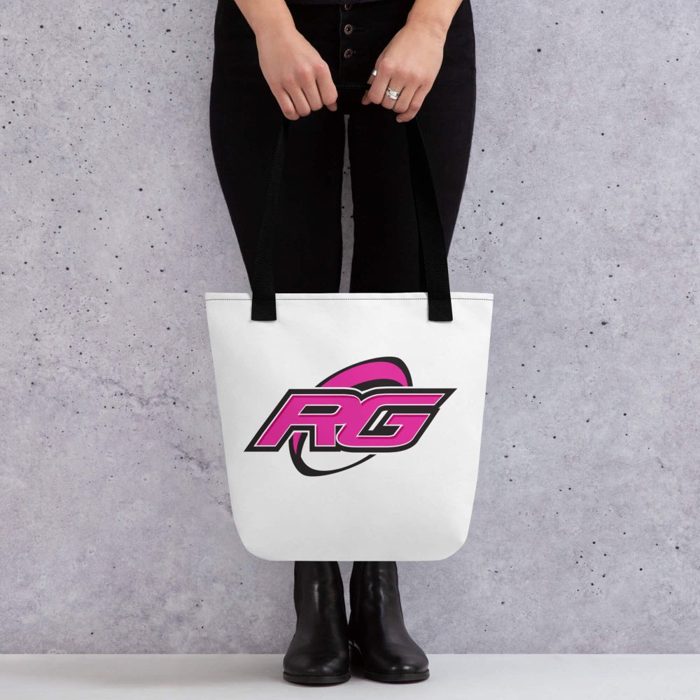 White tote bag with bold pink and black RG Impact logo, women's rugby apparel accessory. - Rugby Girl