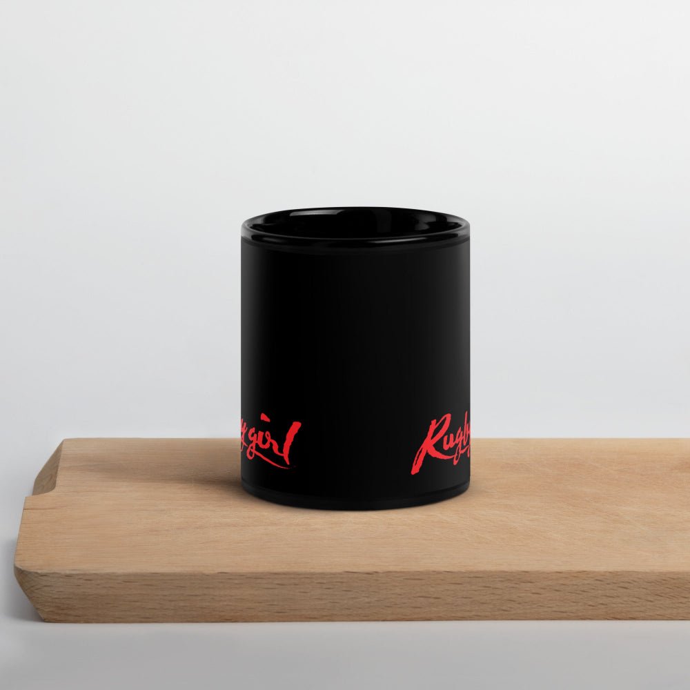 Black ceramic mug with red "Rugby Girl" script, stylish rugby gift for women fans. - Rugby Girl