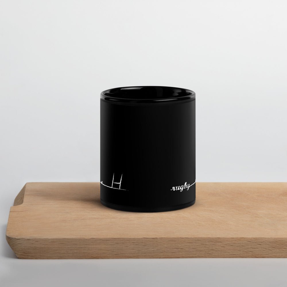 Black ceramic mug with white minimalist rugby goalpost design, perfect rugby girl gift. - Rugby Girl
