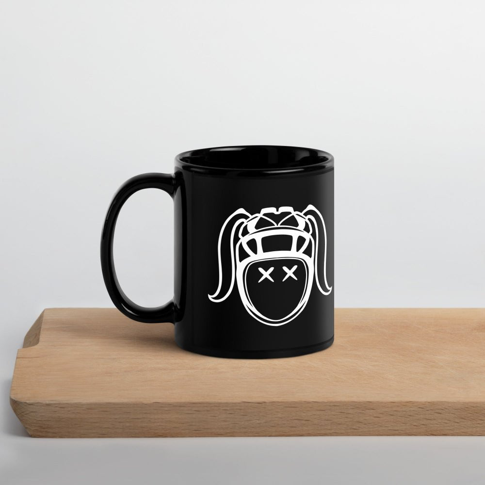 Black mug featuring bold white rugby girl harlequin design, ideal rugby gift for women rugby players & fans. - Rugby Girl