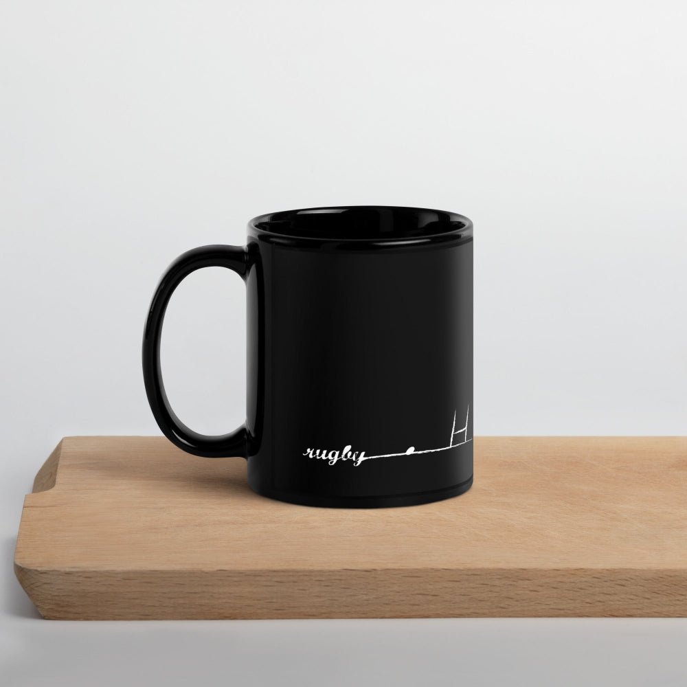 Black ceramic mug with minimalist white rugby goalpost design, perfect rugby gift for rugby girls, complements women's rugby . - Rugby Girl