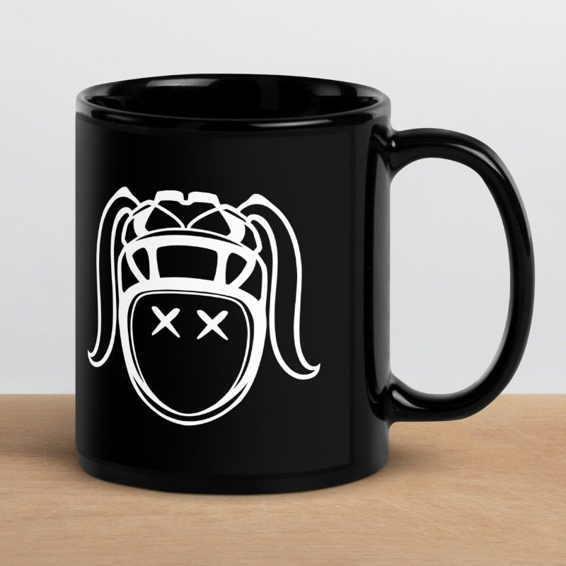 Black ceramic mug with white stylized rugby girl face design, bold women's rugby gift accessory. - Rugby Girl