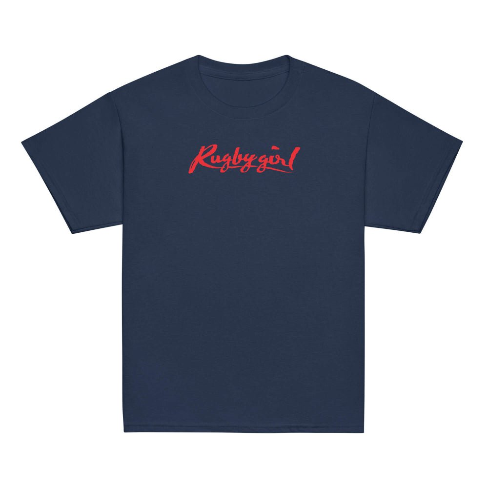 Navy girl's rugby t-shirt with bold red "Rugby girl" script for rugby players and fans. - Rugby Girl