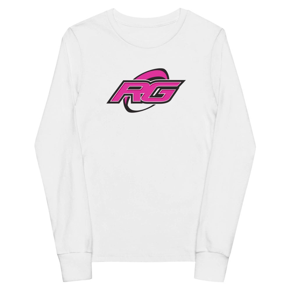 White long sleeve rugby t-shirt with bold pink and black RG logo, girl's rugby apparel. - Rugby Girl