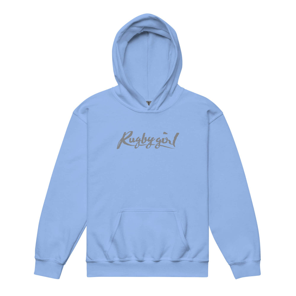 Light blue girl's rugby hoodie with "Rugby girl" script print and front kangaroo pocket. - Rugby Girl
