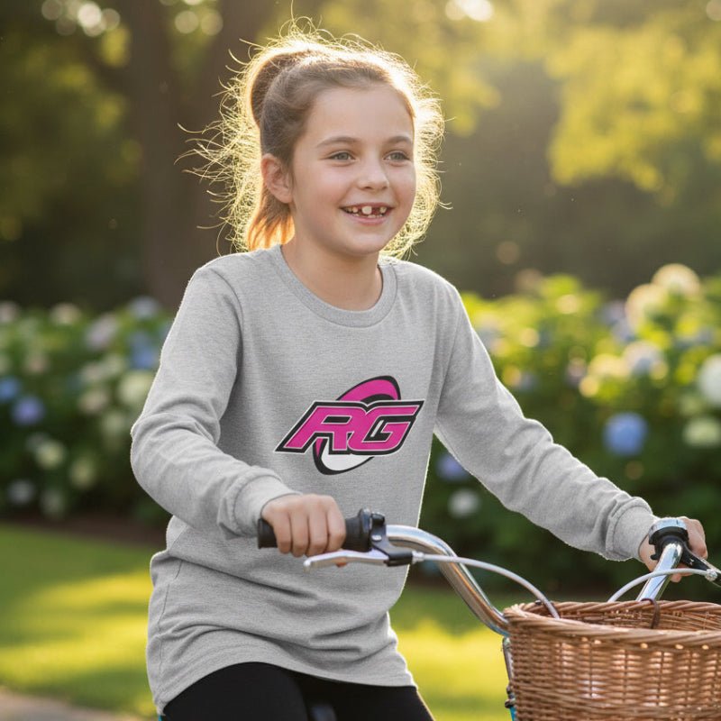 Dark grey RG Impact Kids long sleeve rugby tee with pink logo, perfect girl's rugby apparel for young girls and gifts. - Rugby Girl