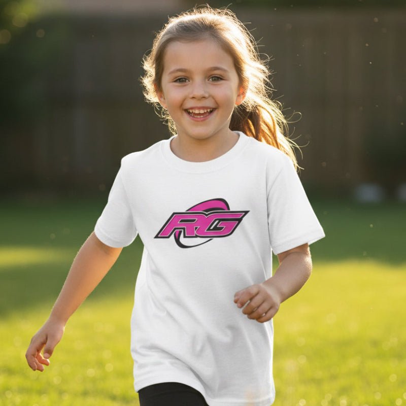 White youth rugby t-shirt with bold pink RG logo, perfect rugby gift for rugby girls. - Rugby Girl