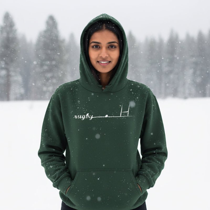 Forest green women's rugby hoodie with goalpost graphic, cozy rugby apparel for fans and players. - Rugby Girl