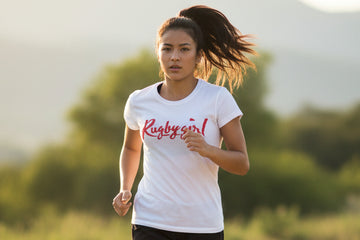 Women's rugby DryBlend® t-shirt in red print — Signature design by Rugby Girl