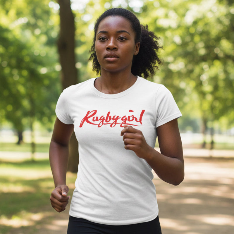 White women's rugby t-shirt with bold red "Rugby Girl" script, casual athletic fit. - Rugby Girl