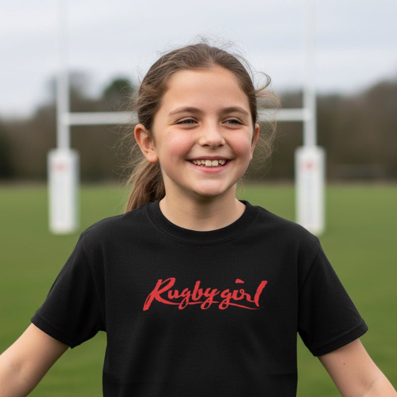 Black girl's rugby t-shirt with bold red "Rugby Girl" script, casual rugby apparel. - Rugby Girl