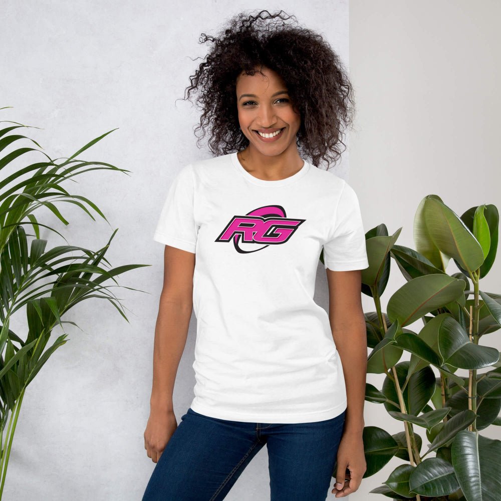 White women's rugby t-shirt with bold pink and black RG logo, casual rugby apparel for rugby girls and fans. - Rugby Girl