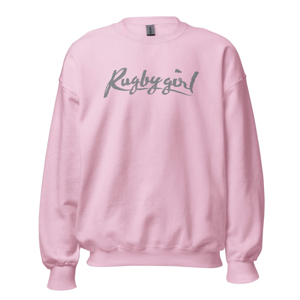 Light pink women's rugby sweatshirt with dark gray "Rugby girl" script, cozy leisurewear. - Rugby Girl