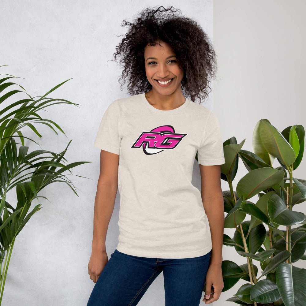 Beige women's rugby t-shirt with bold pink and black RG logo, casual fit for rugby girls. - Rugby Girl