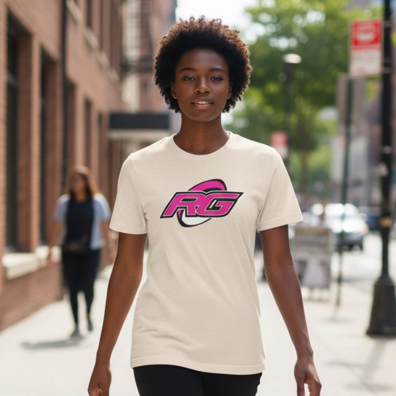 Beige women's rugby t-shirt with vibrant pink and purple RG Impact logo, perfect rugby gift for rugby girls. - Rugby Girl