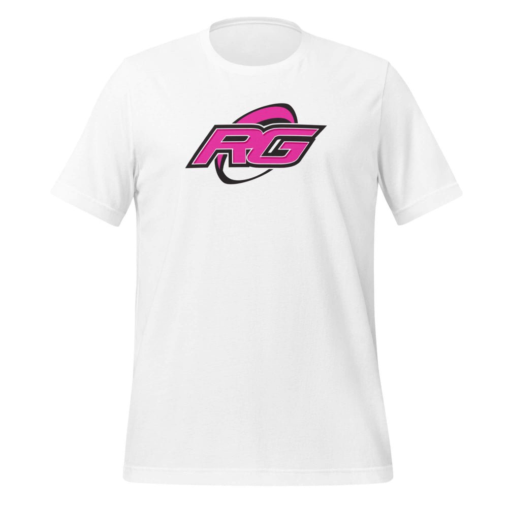 White women's rugby t-shirt with bold pink and black RG logo, casual rugby apparel. - Rugby Girl
