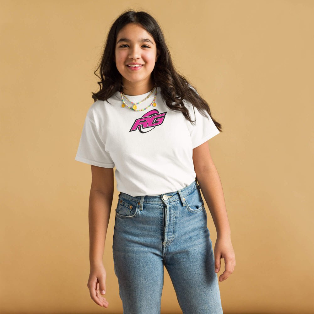White RG Impact kids rugby t-shirt with bold pink and black logo, casual youth sportswear for rugby girls. - Rugby Girl