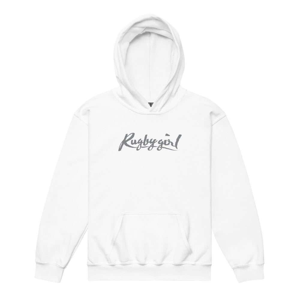 White girl's rugby hoodie with bold "Rugby girl" grey script, casual athletic style. - Rugby Girl