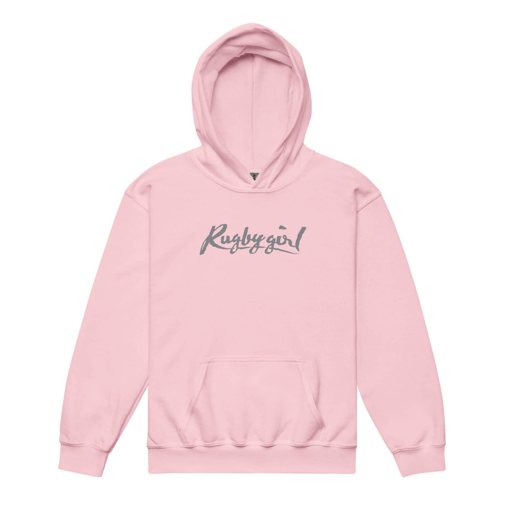 Light pink girl's rugby hoodie with "Rugby girl" script print, cozy heavy blend fabric, kangaroo pocket. - Rugby Girl
