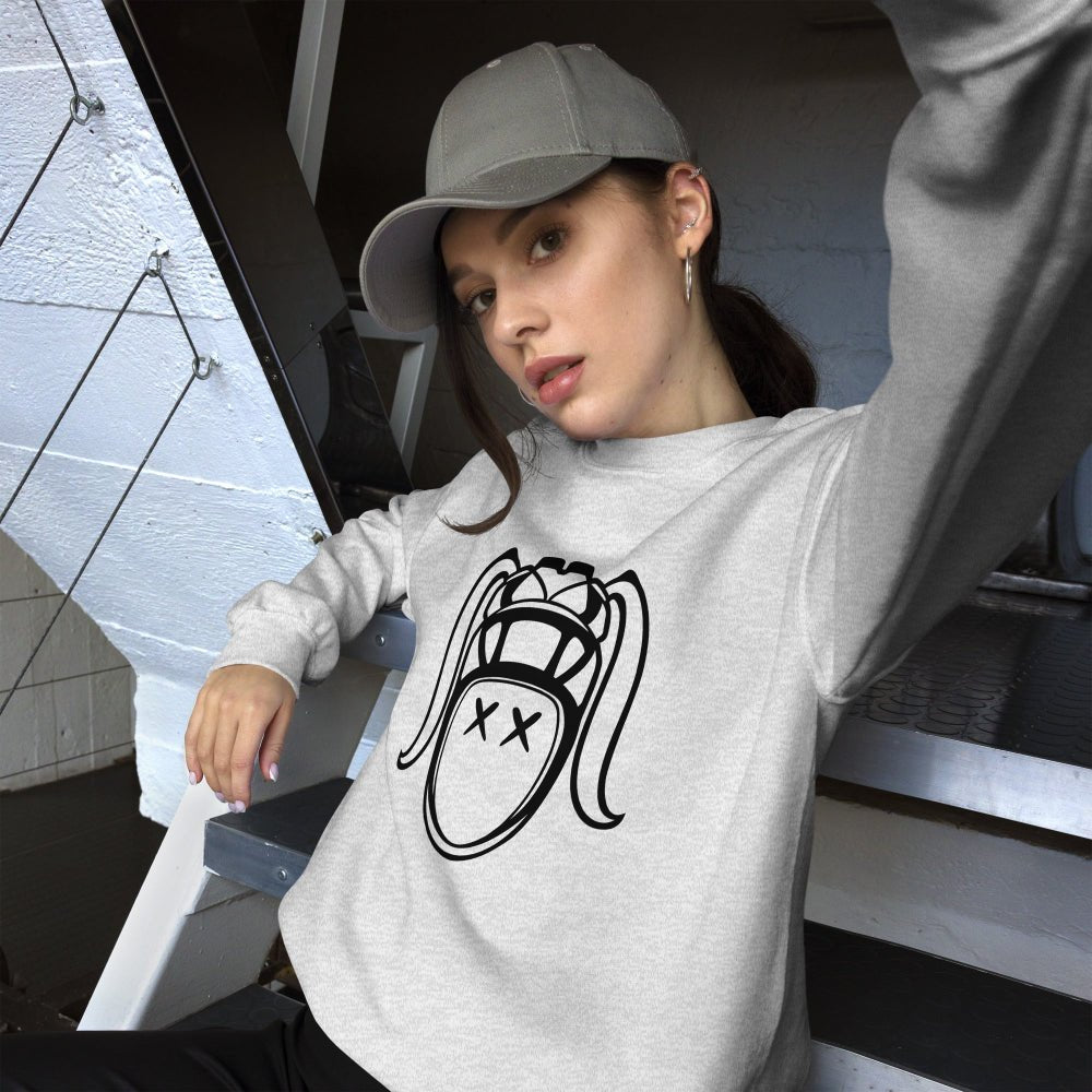 Women's rugby sweatshirt in light gray with bold black graphic design, styled for rugby girls and fans. - Rugby Girl