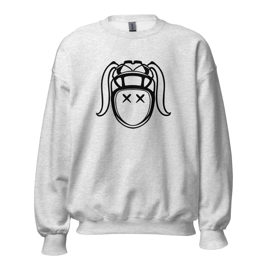 Light grey women's rugby sweatshirt with black graphic rugby girl helmet design, casual rugby apparel. - Rugby Girl