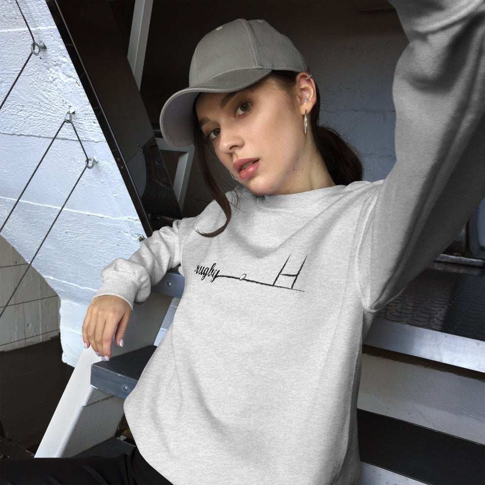 Women's ash gray sweatshirt with minimalist rugby goalpost graphic, casual rugby hoodie style. - Rugby Girl