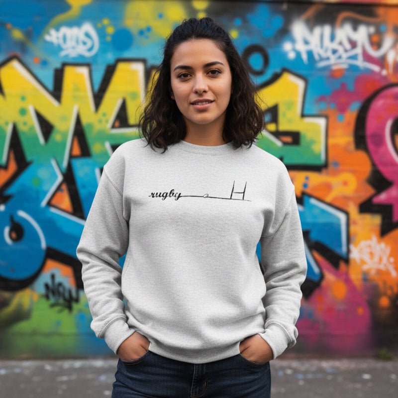 White women's rugby sweatshirt with minimalist rugby goalpost design, casual rugby apparel. - Rugby Girl