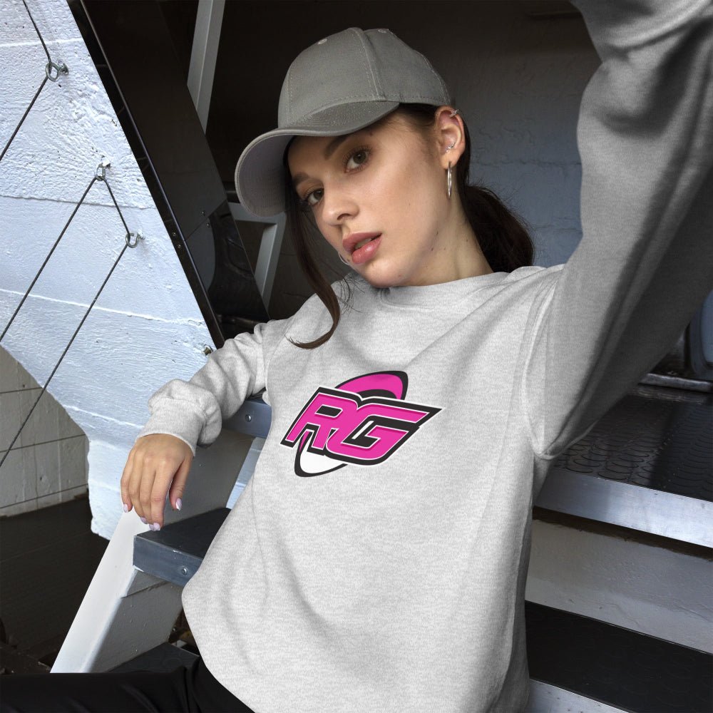 Ash gray women's rugby sweatshirt with bold pink and black RG Impact logo, casual athletic style. - Rugby Girl