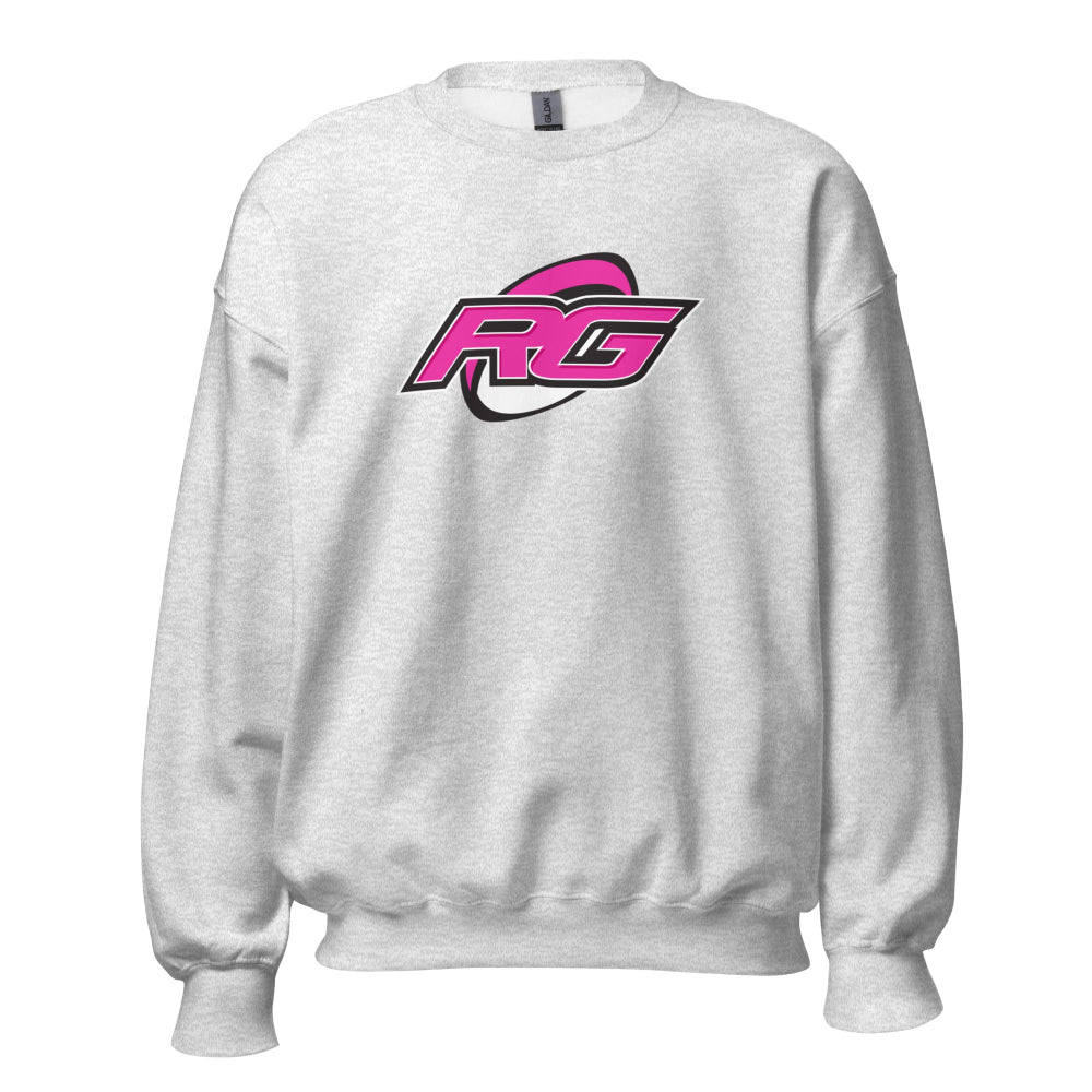 Women's rugby sweatshirt in ash gray with bold pink and black RG logo, casual rugby hoodie style. - Rugby Girl