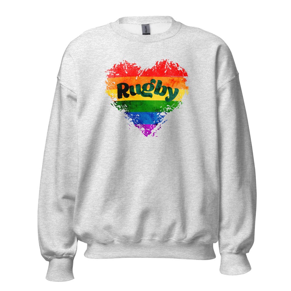 Light gray women's sweatshirt with rainbow heart and "Rugby" text, bold rugby girl apparel. - Rugby Girl