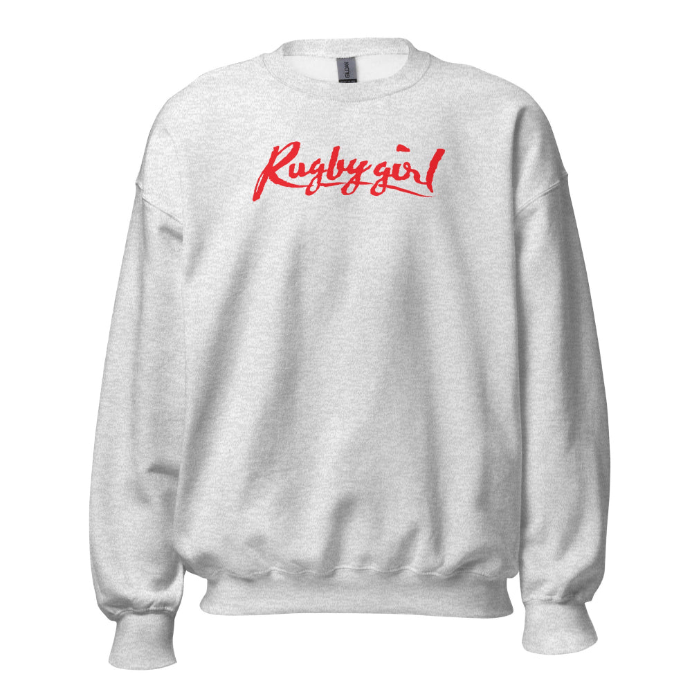 Light gray women's sweatshirt with bold red "Rugby girl" script, casual rugby apparel design. - Rugby Girl