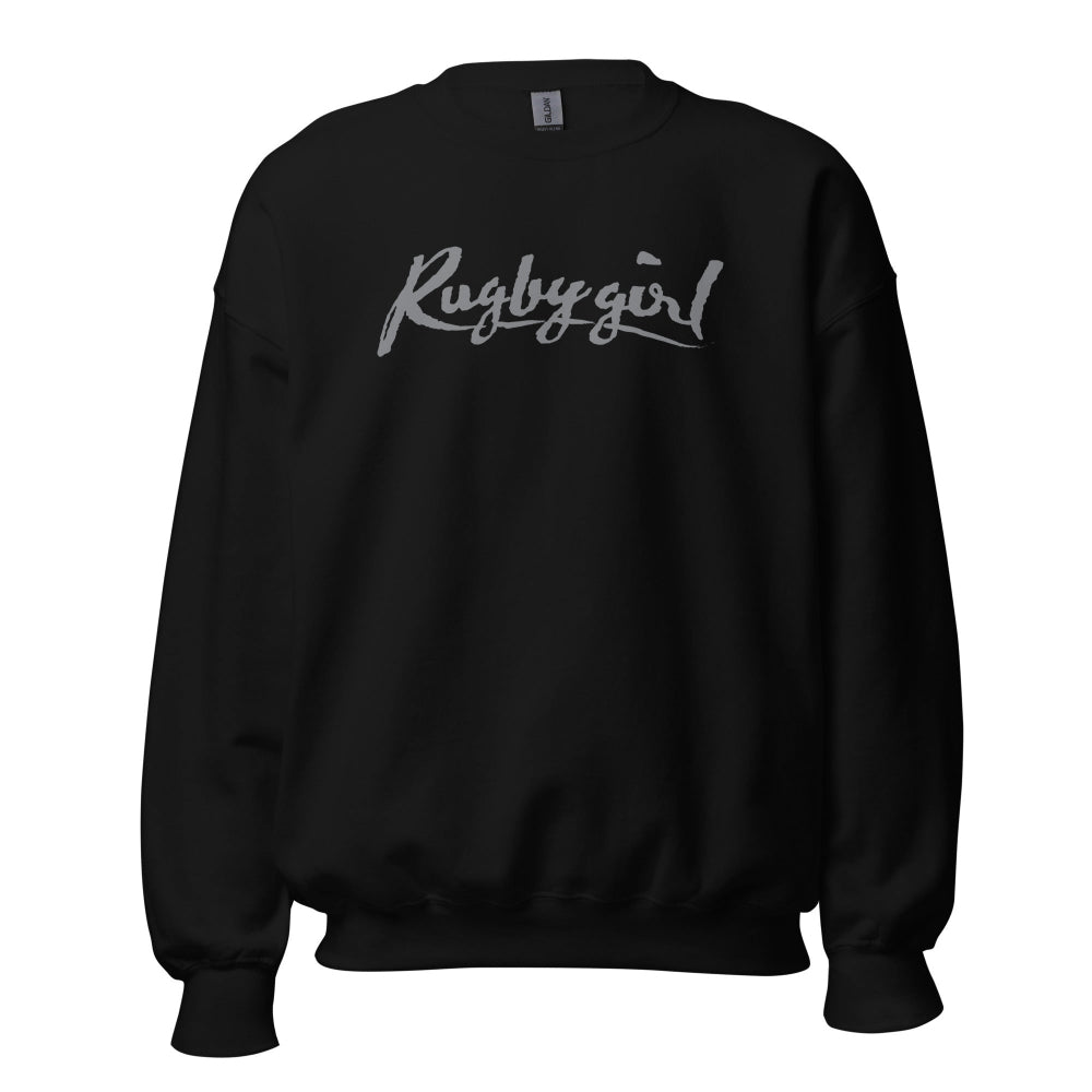 Black women's rugby sweatshirt with white "Rugby girl!" script, relaxed fit rugby apparel. - Rugby Girl