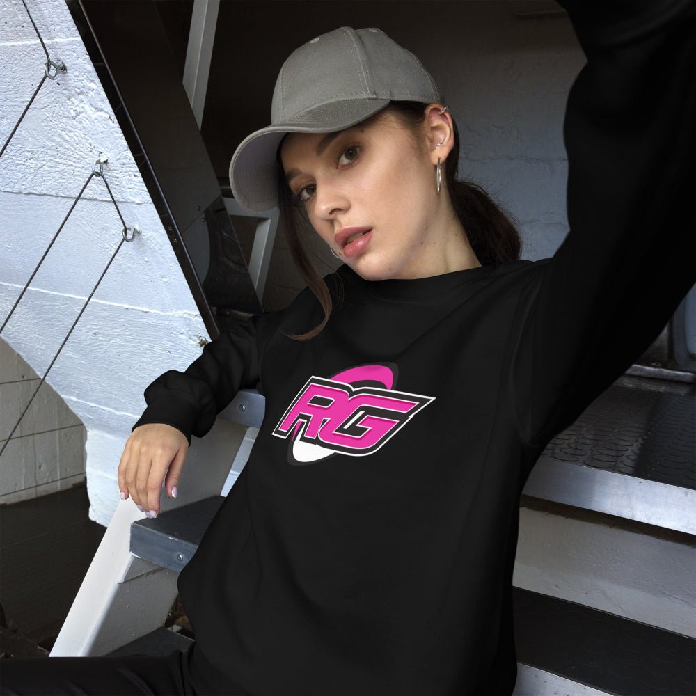 Black women's rugby sweatshirt with bold pink and white RG logo, casual sporty style. - Rugby Girl