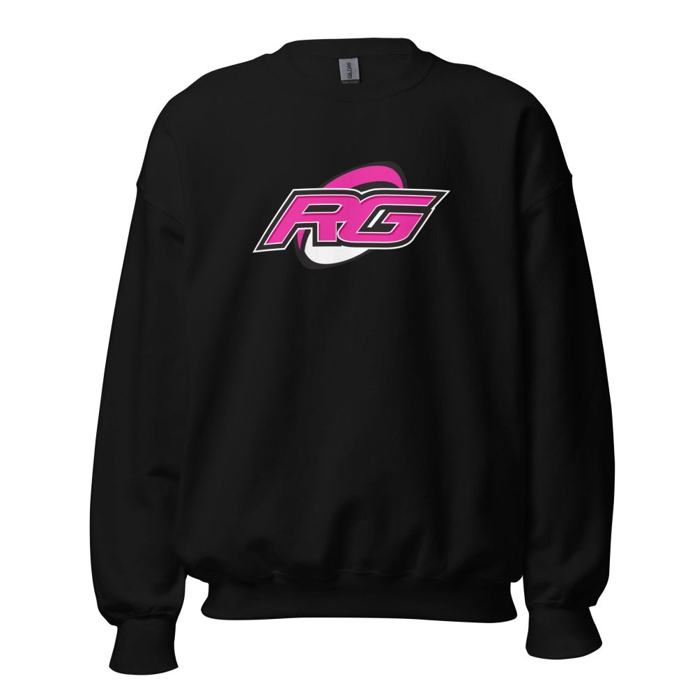 Black women's rugby sweatshirt with bold pink and white RG Impact logo centered on front. - Rugby Girl