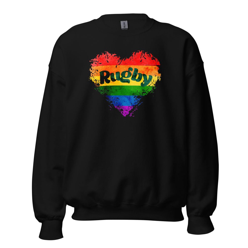 Black women's rugby sweatshirt with rainbow heart and bold "Rugby" text, casual rugby apparel. - Rugby Girl