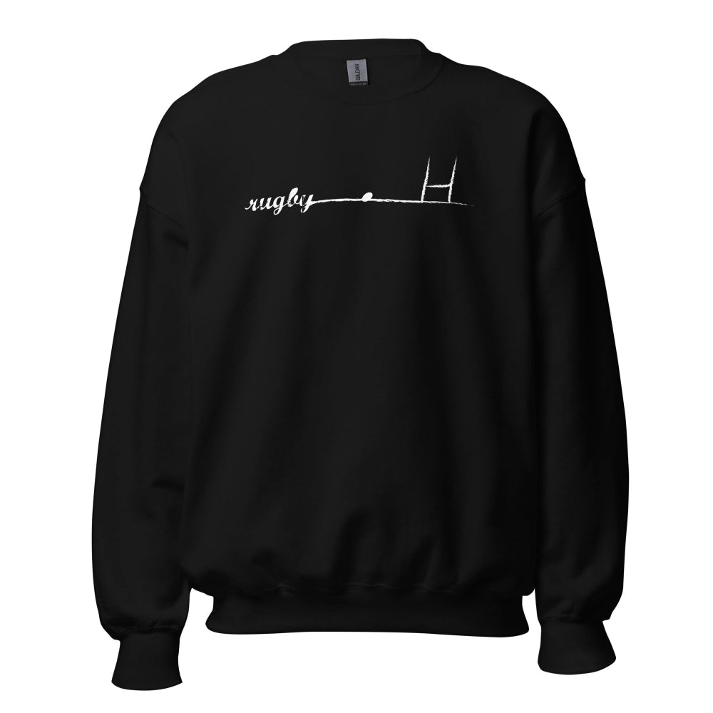 Black women's rugby sweatshirt with stylized goalpost graphic and rugby girl script. - Rugby Girl
