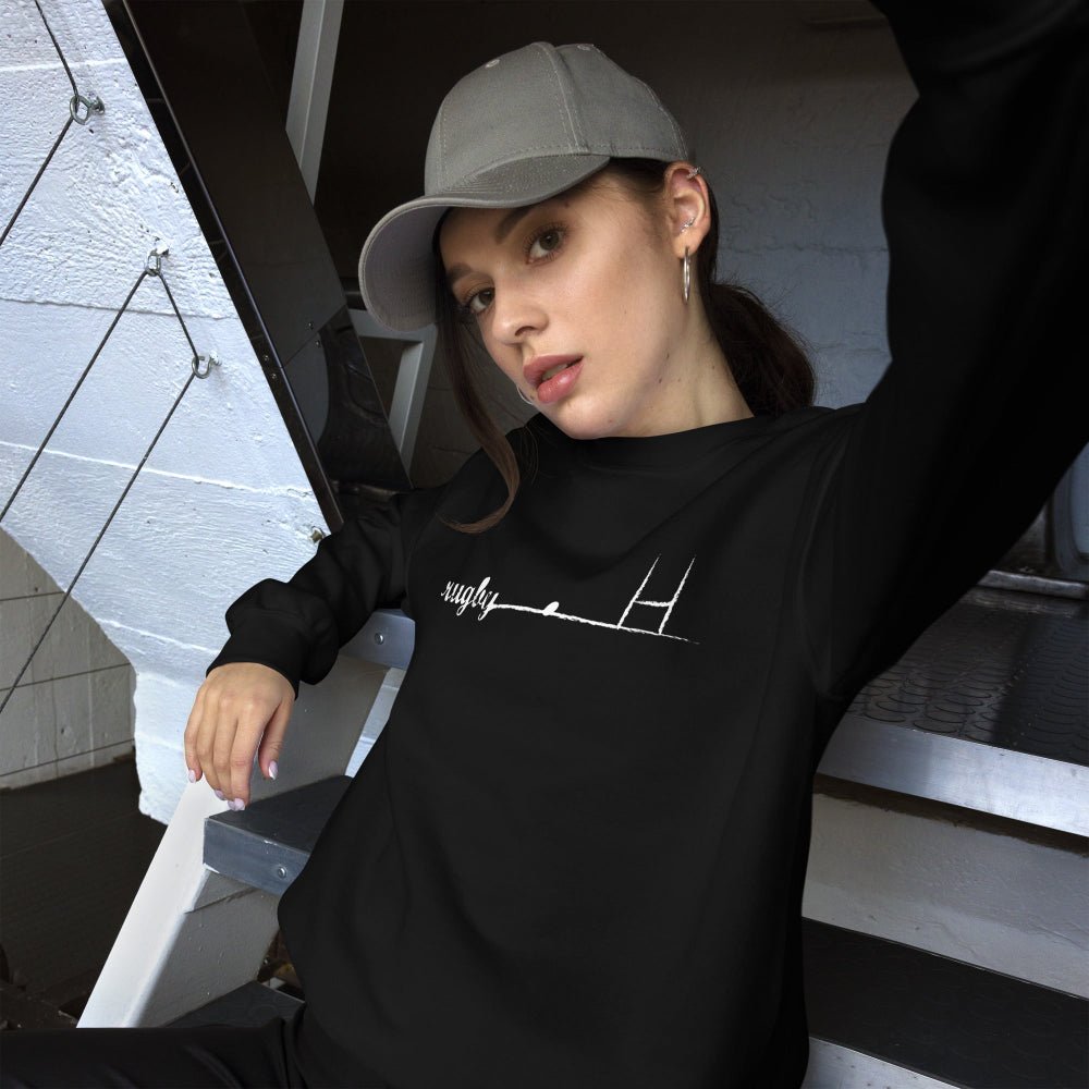 Black women's rugby sweatshirt with minimalist rugby goalpost graphic, casual sporty style. - Rugby Girl