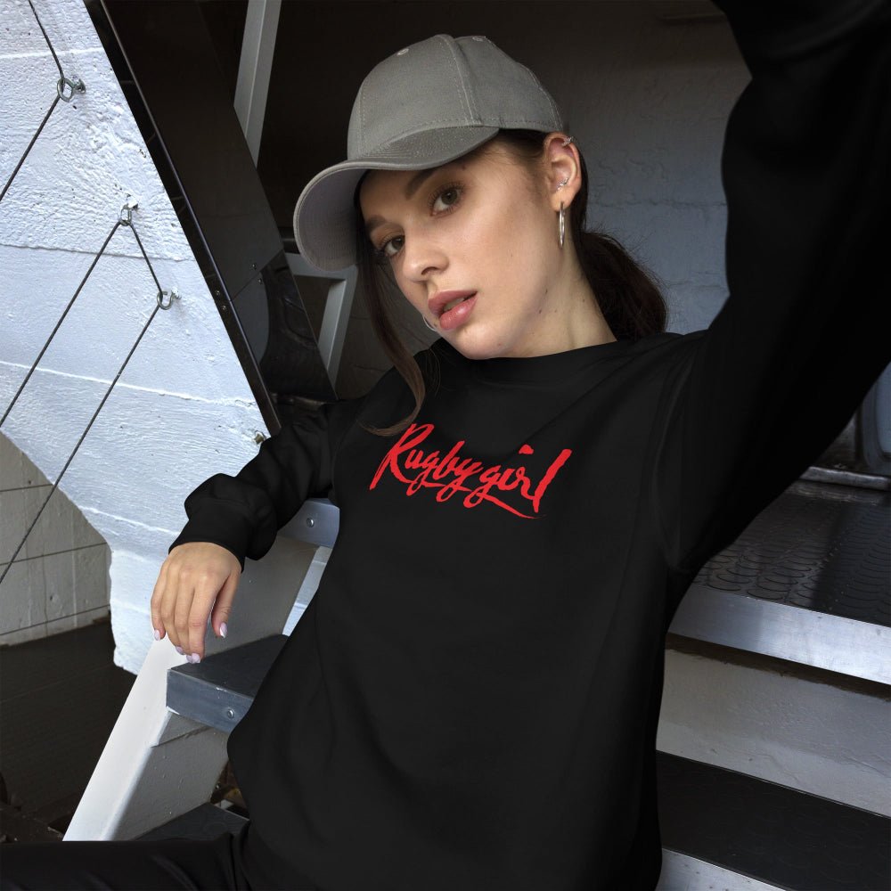 Black women's sweatshirt with bold red "Rugby girl" script, casual rugby apparel style. - Rugby Girl