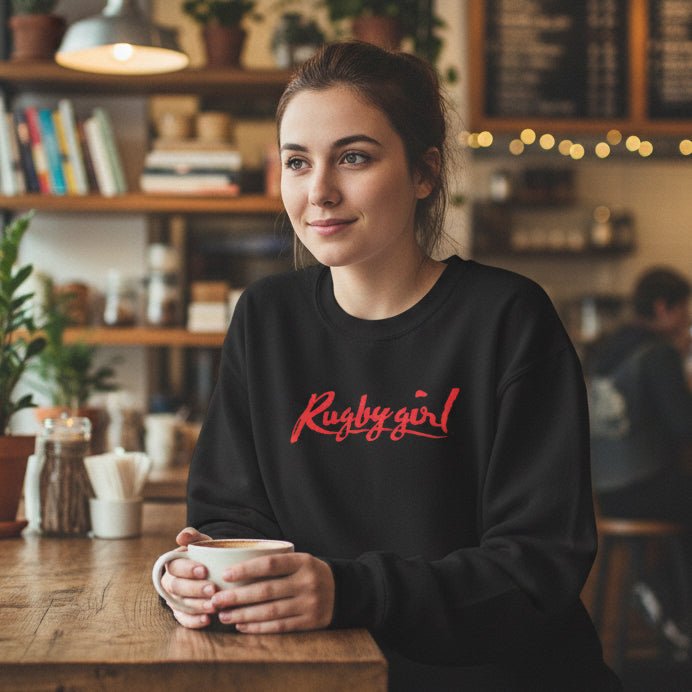 Black women's rugby sweatshirt with bold red "Rugby Girl" script, casual rugby apparel for fans and players. - Rugby Girl