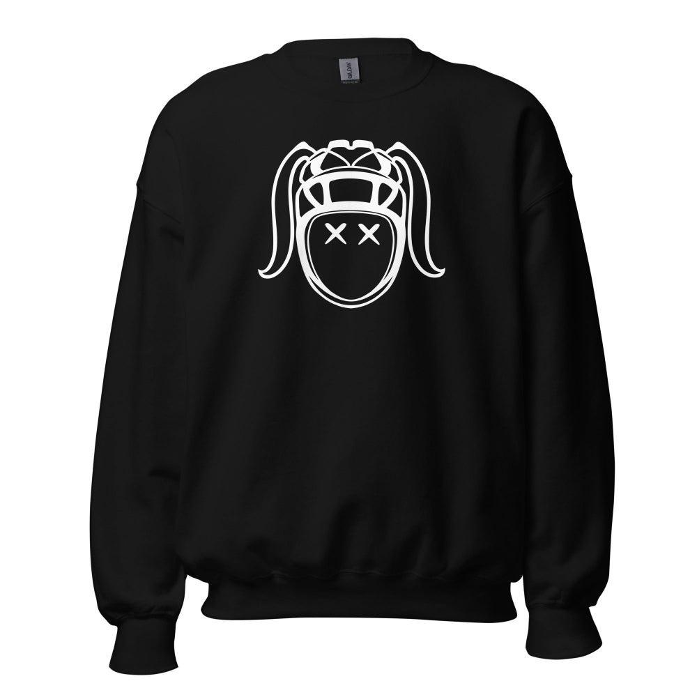 Black women's rugby sweatshirt featuring bold white graphic of a stylized rugby girl face with pigtails and X eyes. - Rugby Girl