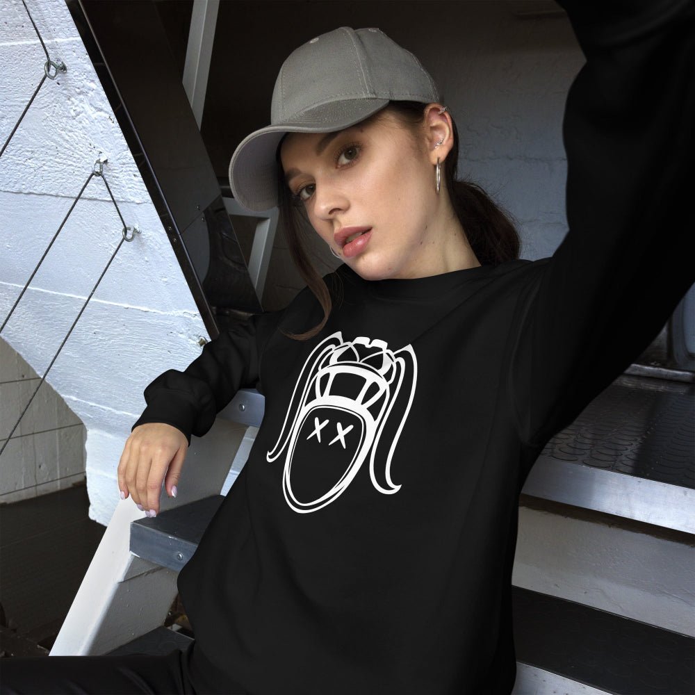 Black women's rugby sweatshirt with bold white graphic of a rugby girl face, casual sporty style. - Rugby Girl