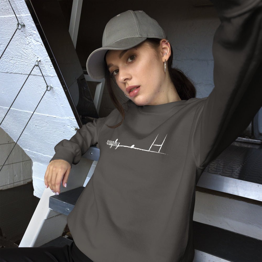 Dark gray women's rugby sweatshirt with minimalist rugby goalpost design, casual athletic style. - Rugby Girl