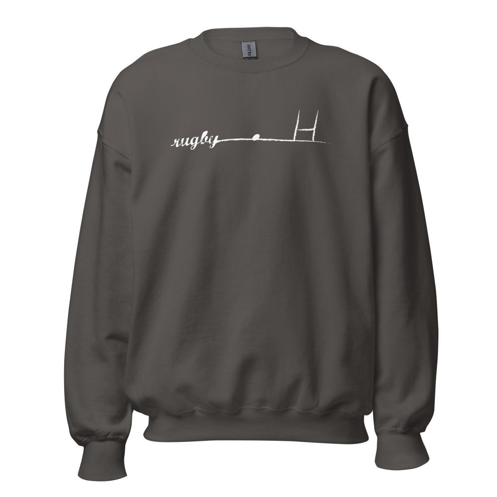 Dark grey women's rugby sweatshirt with white goalpost and rugby girl script design, cozy leisurewear. - Rugby Girl