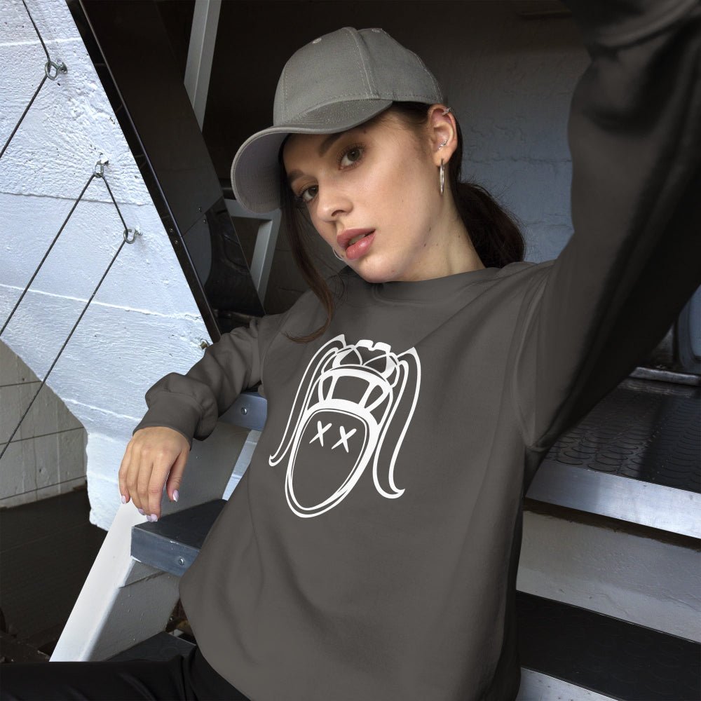 Dark grey women's rugby crew neck sweatshirt with bold white graphic, casual fit, styled with matching cap. - Rugby Girl