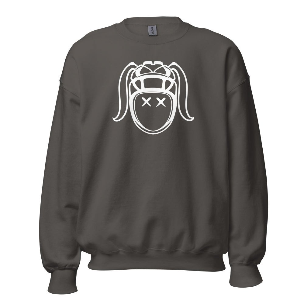 Dark grey women's rugby sweatshirt with bold white graphic of stylized rugby girl face, casual rugby apparel. - Rugby Girl
